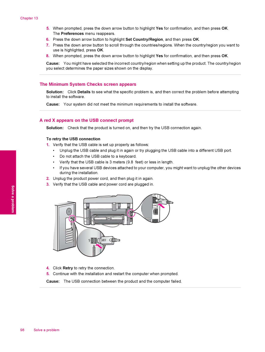 HP C309a manual Minimum System Checks screen appears, Red X appears on the USB connect prompt, To retry the USB connection 