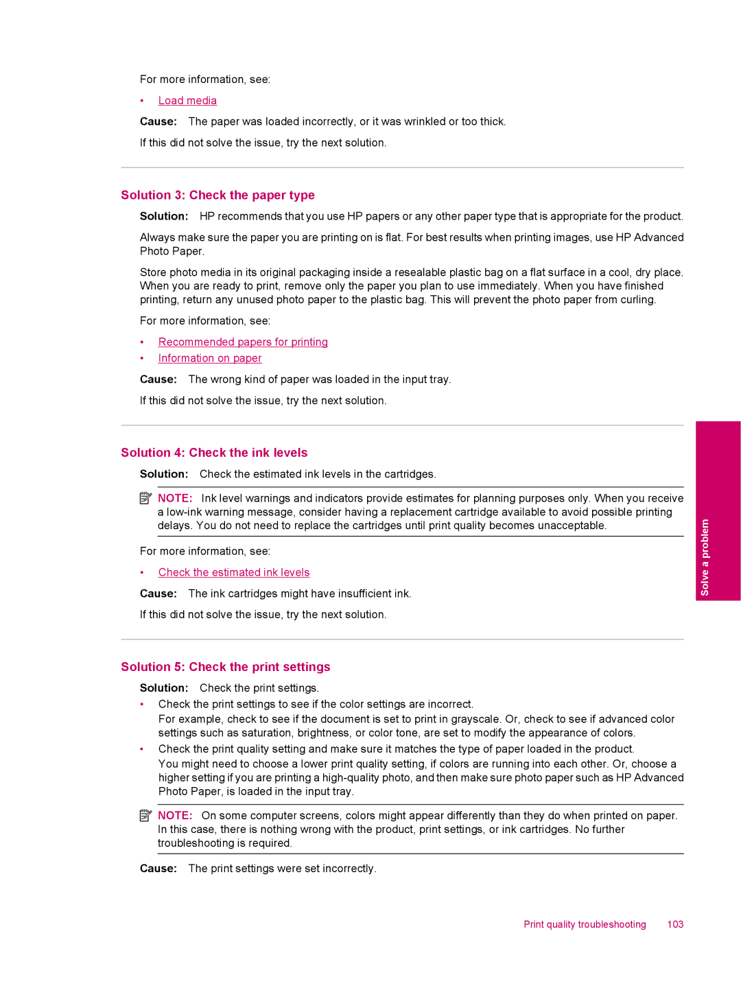 HP C309a manual Solution 3 Check the paper type, Solution 4 Check the ink levels, Solution 5 Check the print settings 