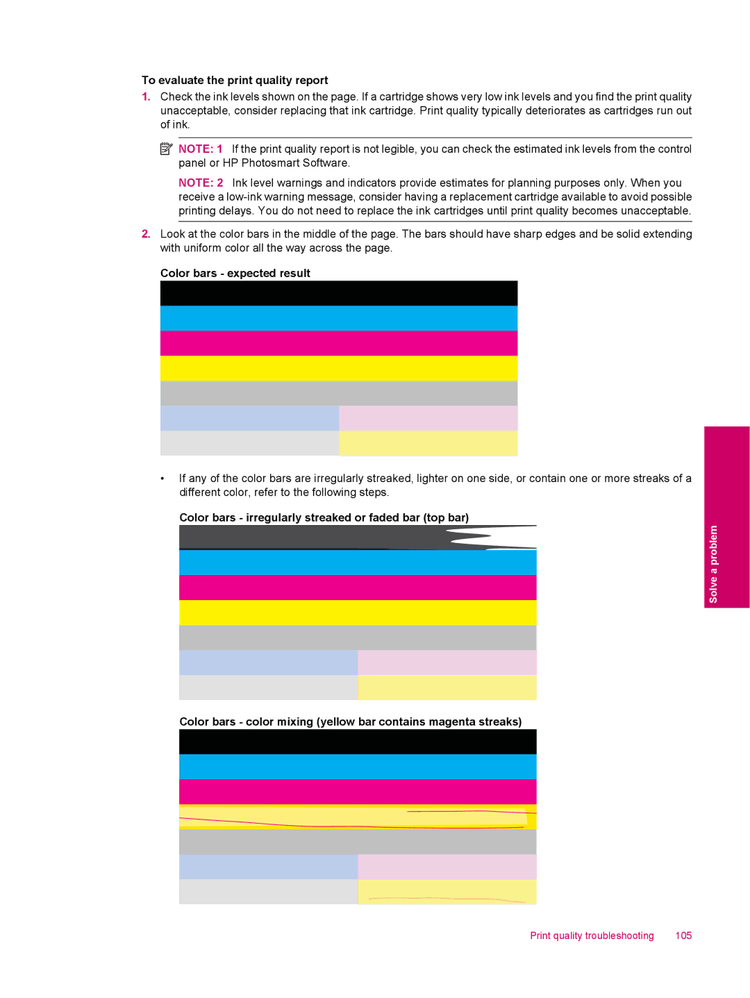 HP C309a manual To evaluate the print quality report, Color bars expected result 