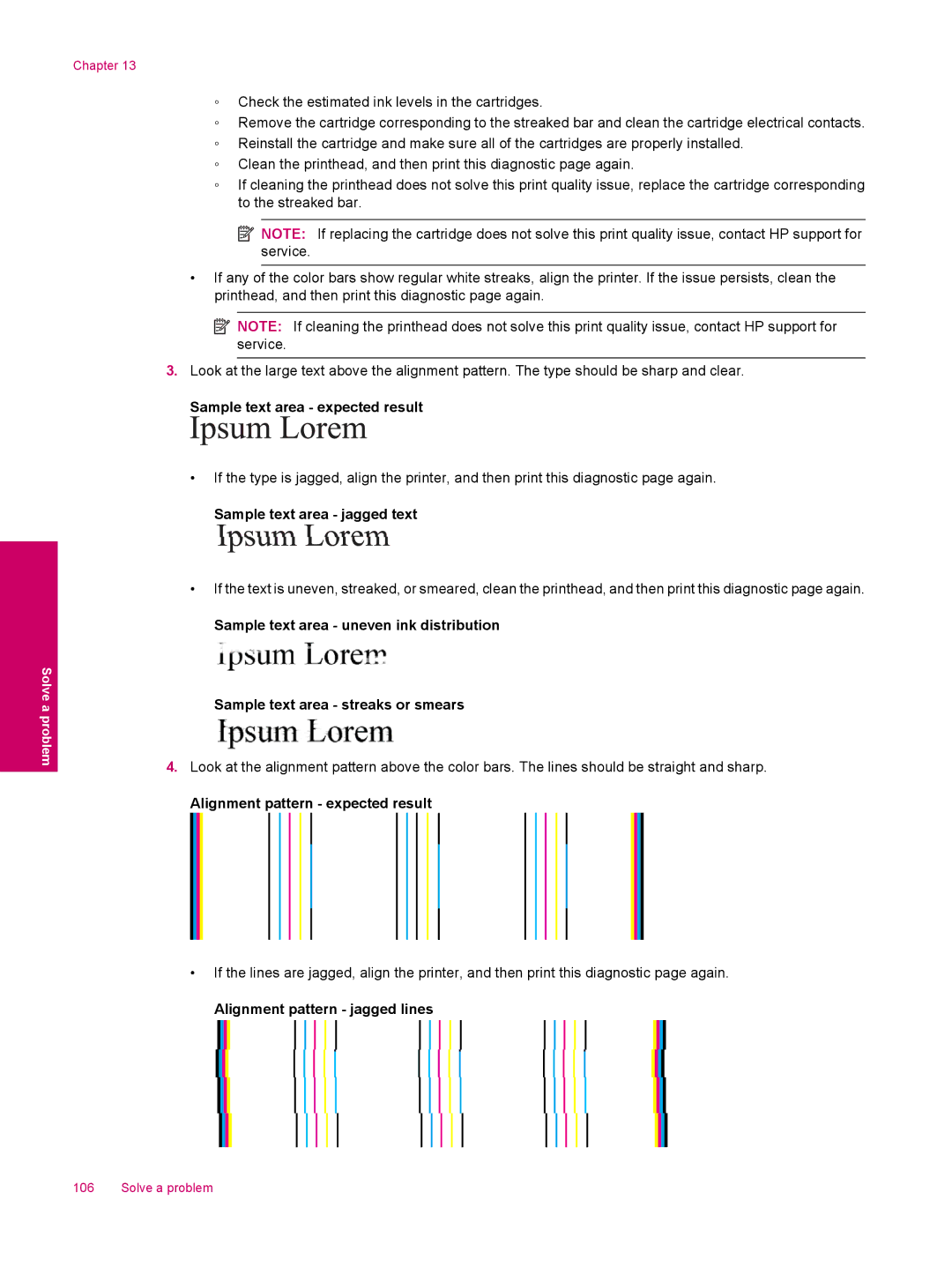 HP C309a manual Sample text area expected result, Sample text area jagged text, Alignment pattern expected result 