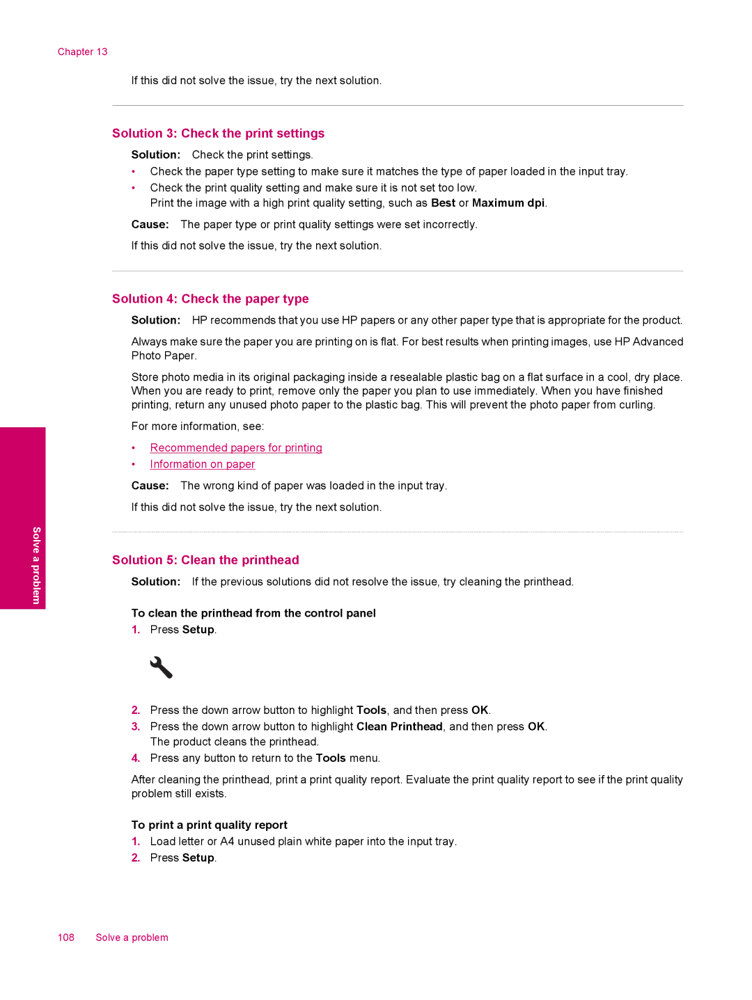 HP C309a manual Solution 3 Check the print settings, Solution 4 Check the paper type, Solution 5 Clean the printhead 