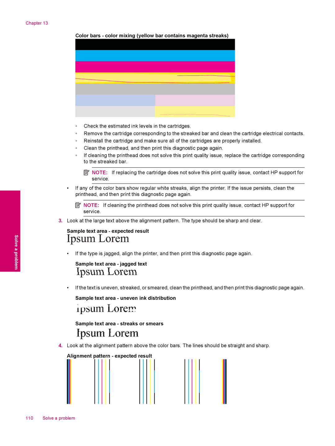 HP C309a manual Color bars color mixing yellow bar contains magenta streaks 