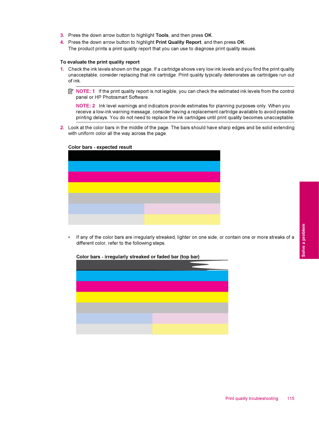 HP C309a manual Print quality troubleshooting 115 