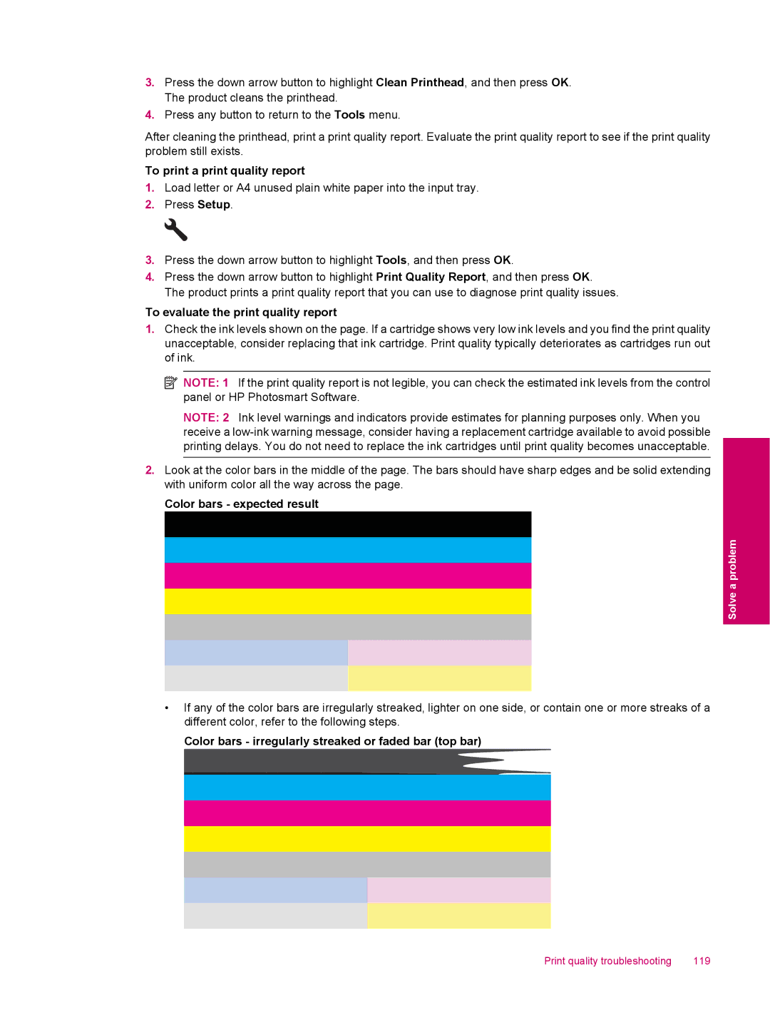 HP C309a manual Print quality troubleshooting 119 