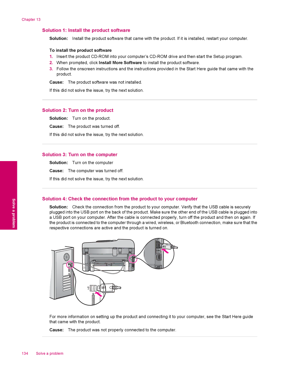 HP C309a manual Solution 1 Install the product software, Solution 2 Turn on the product, Solution 3 Turn on the computer 