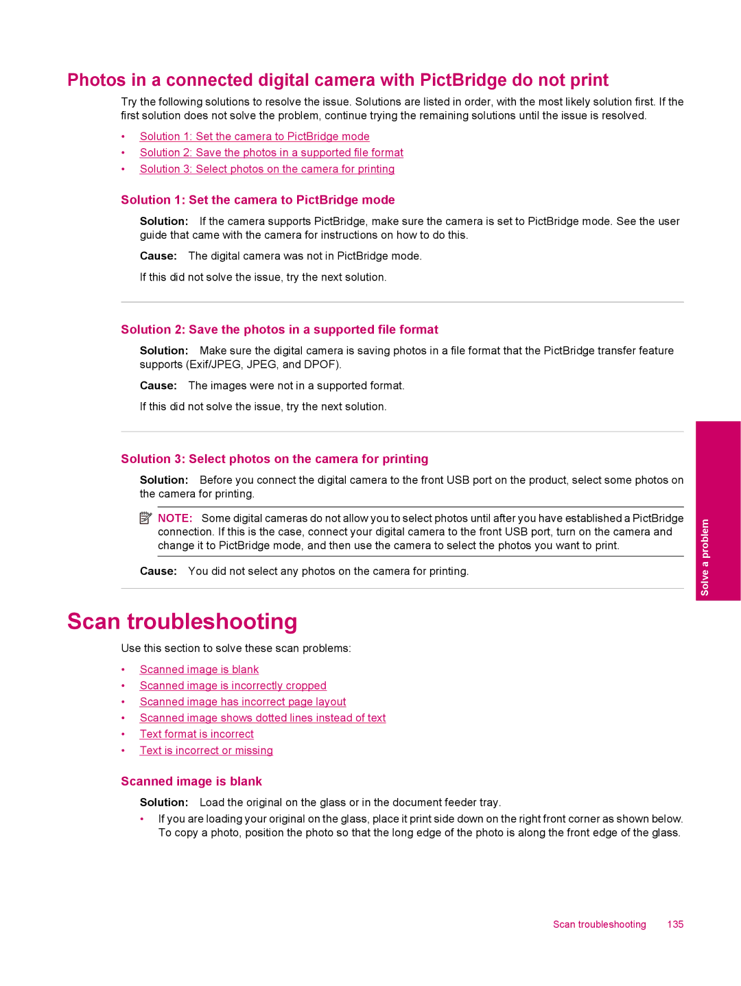 HP C309a manual Scan troubleshooting, Solution 1 Set the camera to PictBridge mode, Scanned image is blank 