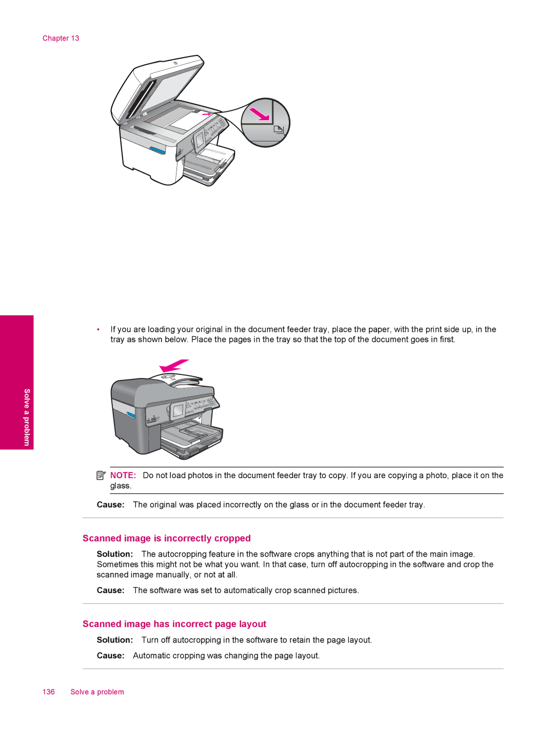 HP C309a manual Scanned image is incorrectly cropped, Scanned image has incorrect page layout 