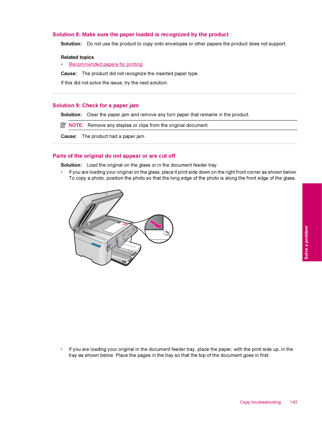 HP C309a manual Solution 9 Check for a paper jam, Parts of the original do not appear or are cut off 