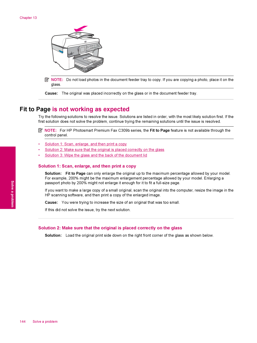 HP C309a manual Fit to Page is not working as expected, Solution 1 Scan, enlarge, and then print a copy 