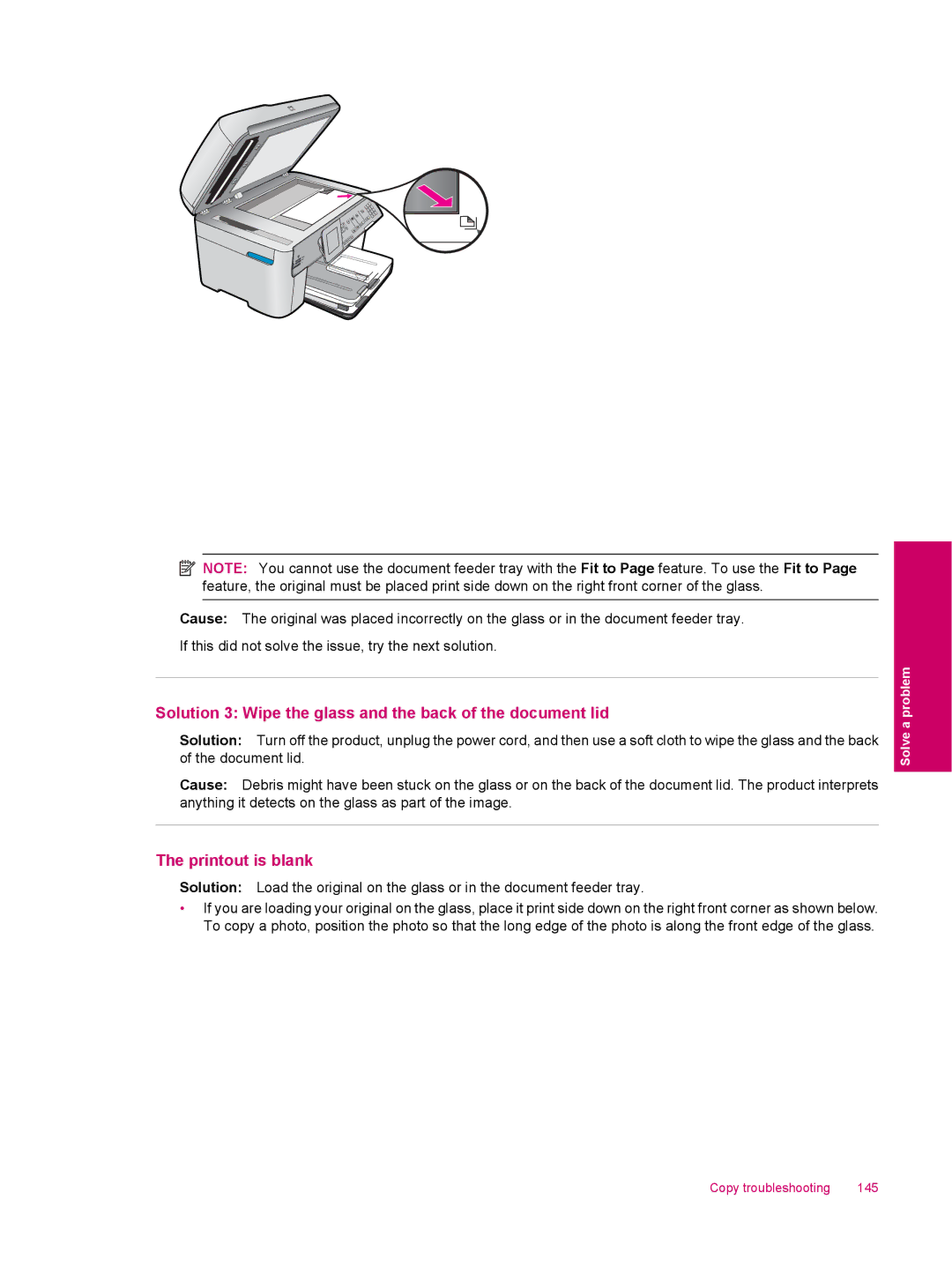 HP C309a manual Solution 3 Wipe the glass and the back of the document lid, Printout is blank 