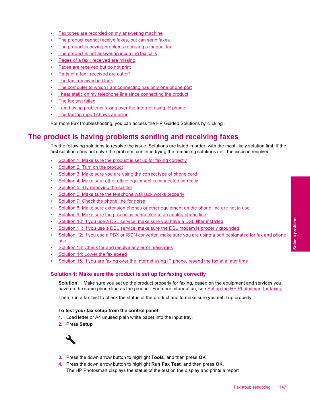 HP C309a manual Product is having problems sending and receiving faxes, To test your fax setup from the control panel 