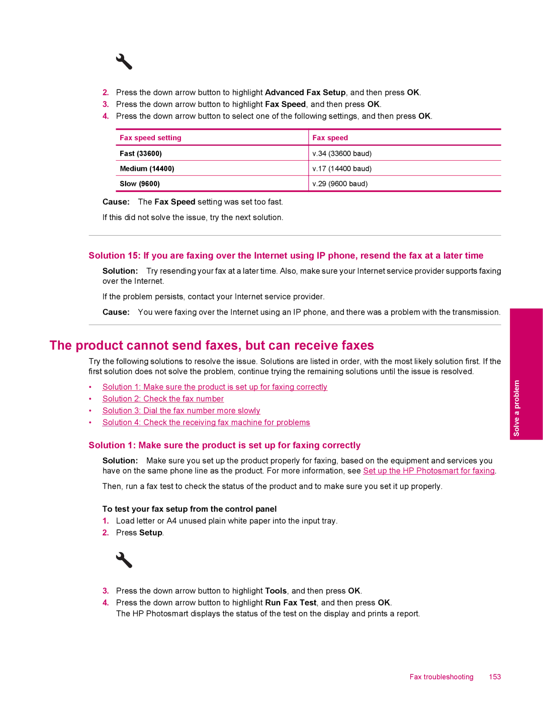 HP C309a manual Product cannot send faxes, but can receive faxes, To test your fax setup from the control panel 