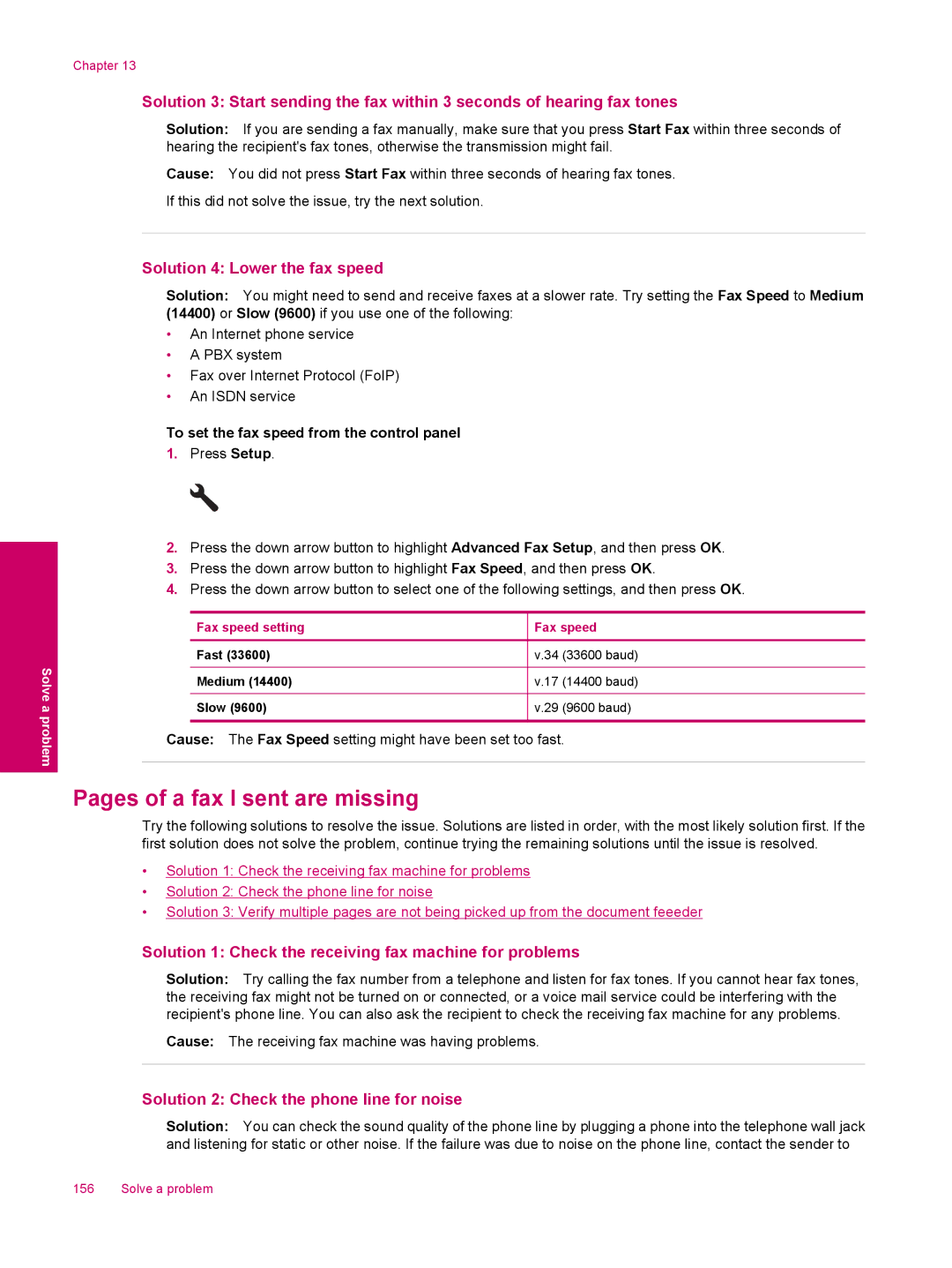 HP C309a Pages of a fax I sent are missing, Solution 4 Lower the fax speed, Solution 2 Check the phone line for noise 