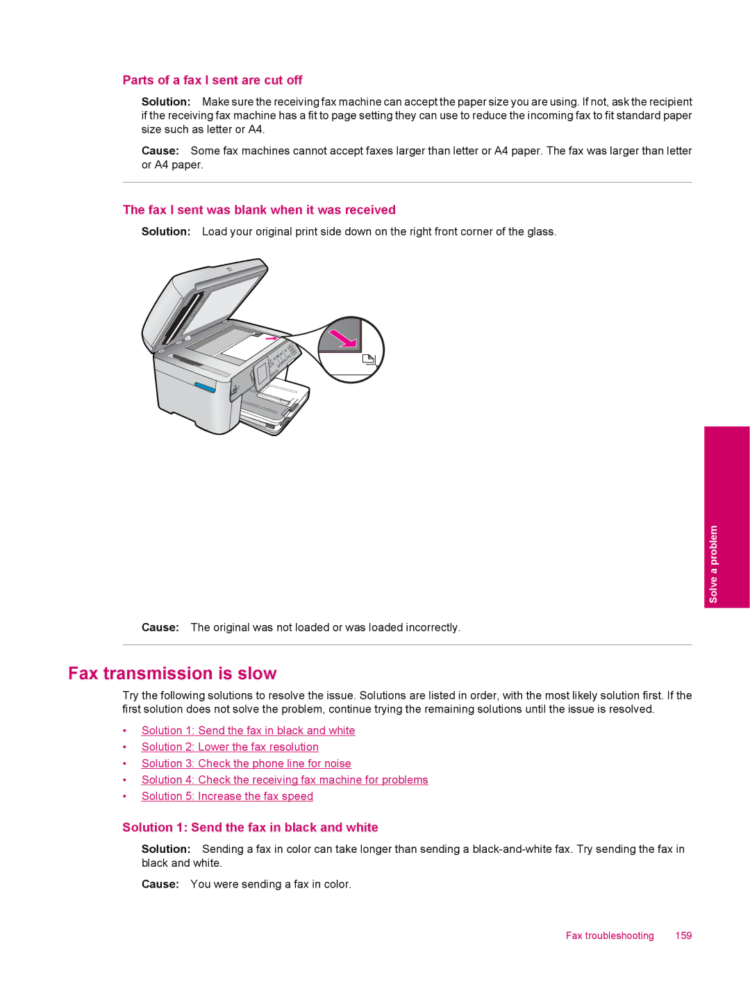 HP C309a manual Fax transmission is slow, Parts of a fax I sent are cut off, Fax I sent was blank when it was received 