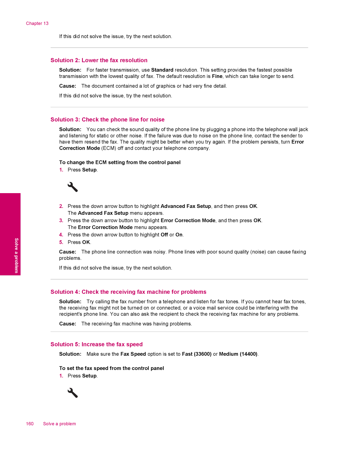 HP C309a Solution 2 Lower the fax resolution, Solution 3 Check the phone line for noise, Solution 5 Increase the fax speed 