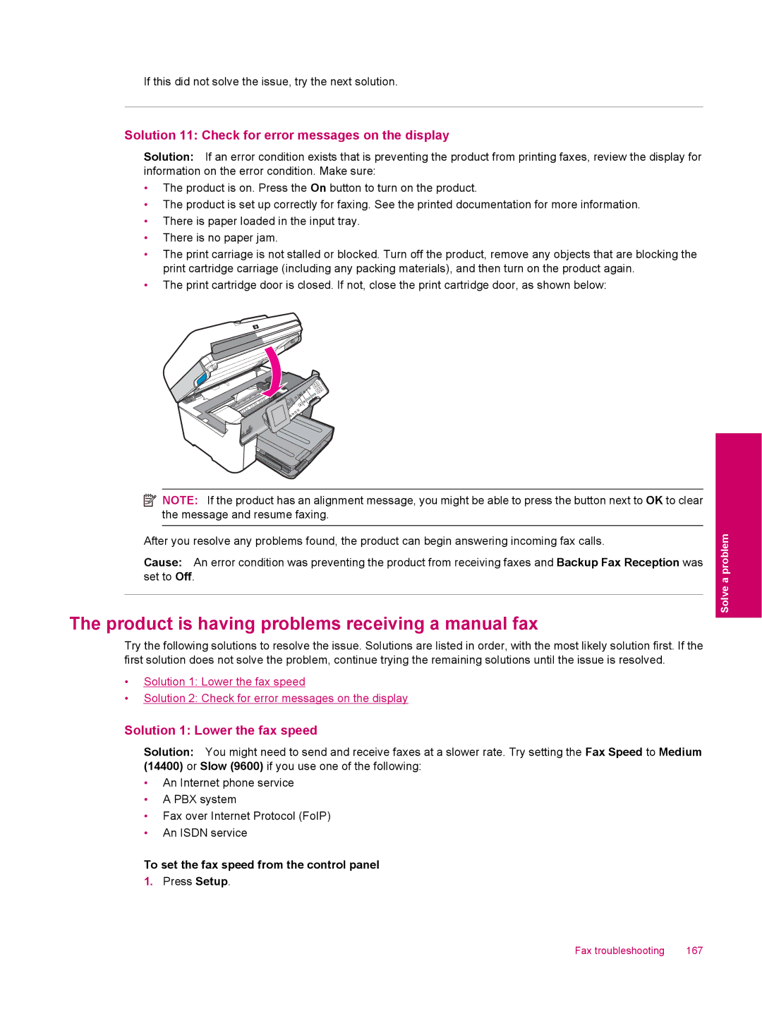 HP C309a Product is having problems receiving a manual fax, Solution 11 Check for error messages on the display 