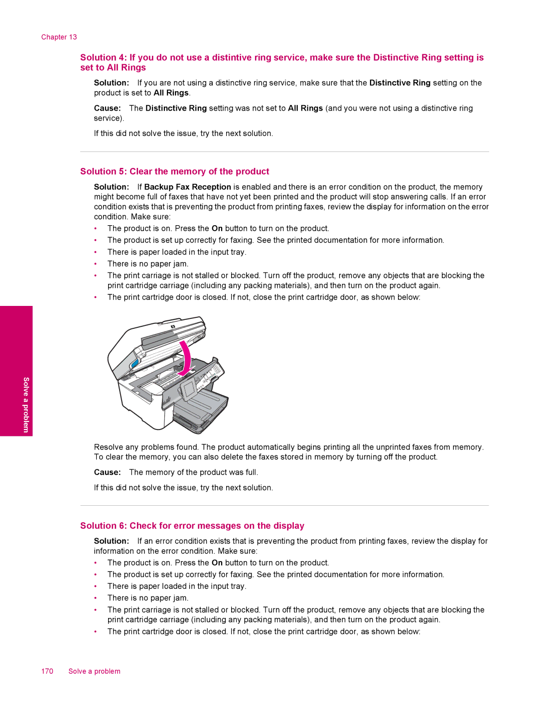 HP C309a manual Solution 5 Clear the memory of the product, Solution 6 Check for error messages on the display 