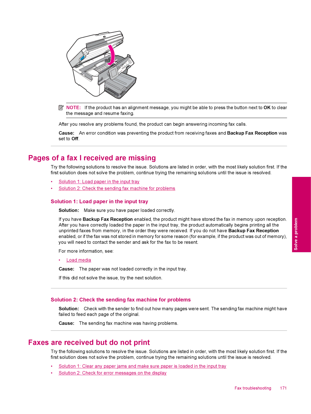 HP C309a manual Pages of a fax I received are missing, Faxes are received but do not print 