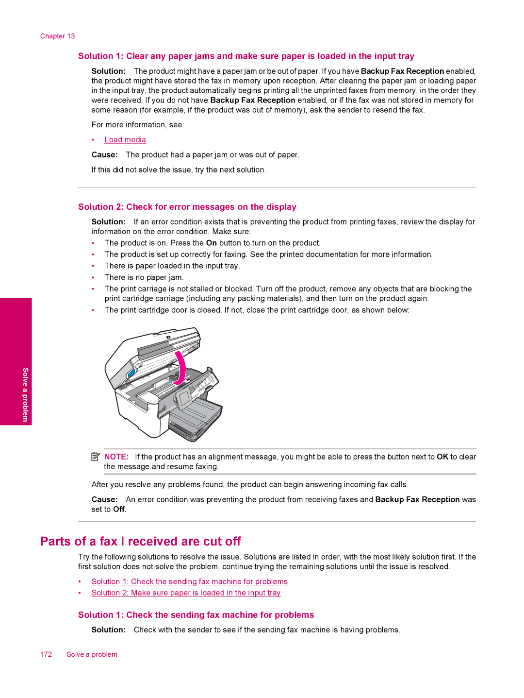 HP C309a manual Parts of a fax I received are cut off, Solution 1 Check the sending fax machine for problems 