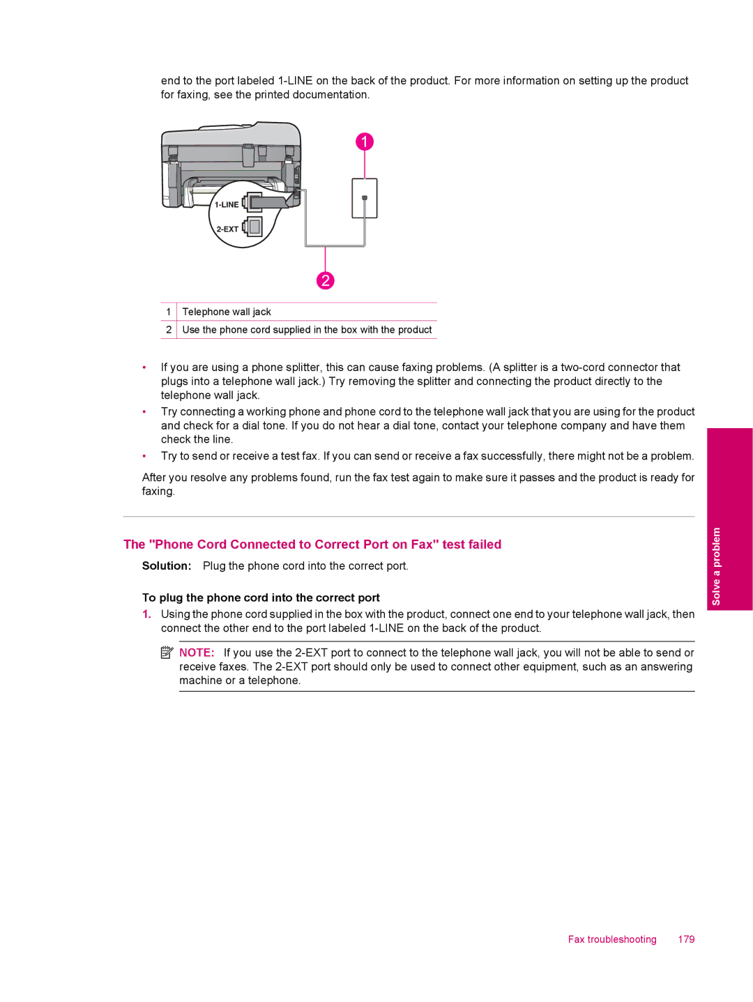 HP C309a manual Phone Cord Connected to Correct Port on Fax test failed, To plug the phone cord into the correct port 