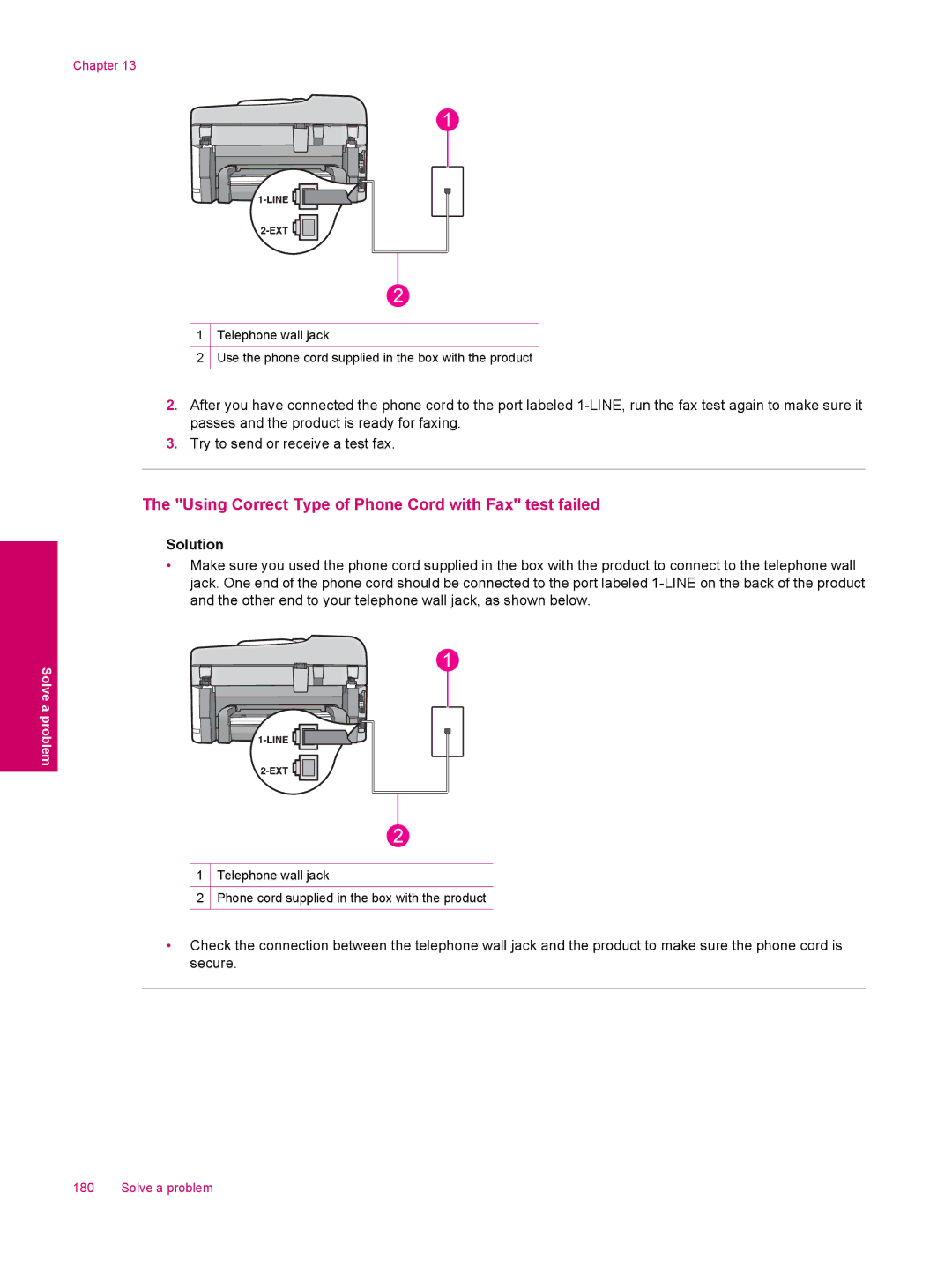 HP C309a manual Using Correct Type of Phone Cord with Fax test failed 