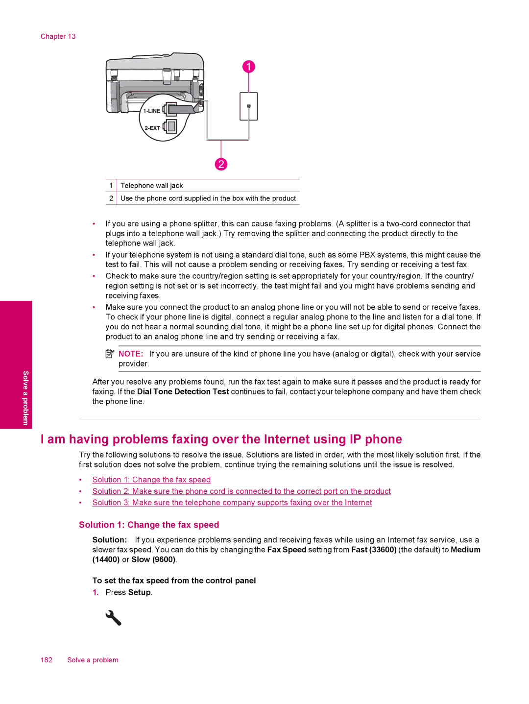 HP C309a manual Am having problems faxing over the Internet using IP phone, Solution 1 Change the fax speed 