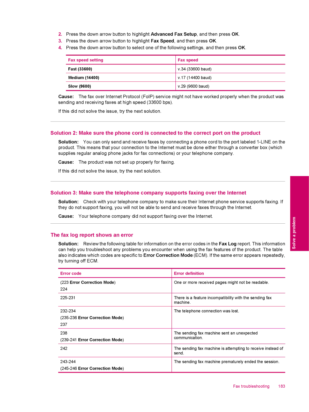 HP C309a manual Fax log report shows an error, Error code 