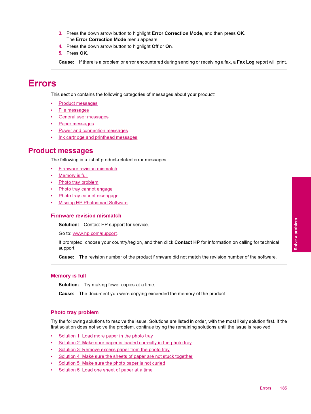 HP C309a manual Errors, Product messages, Firmware revision mismatch, Memory is full, Photo tray problem 