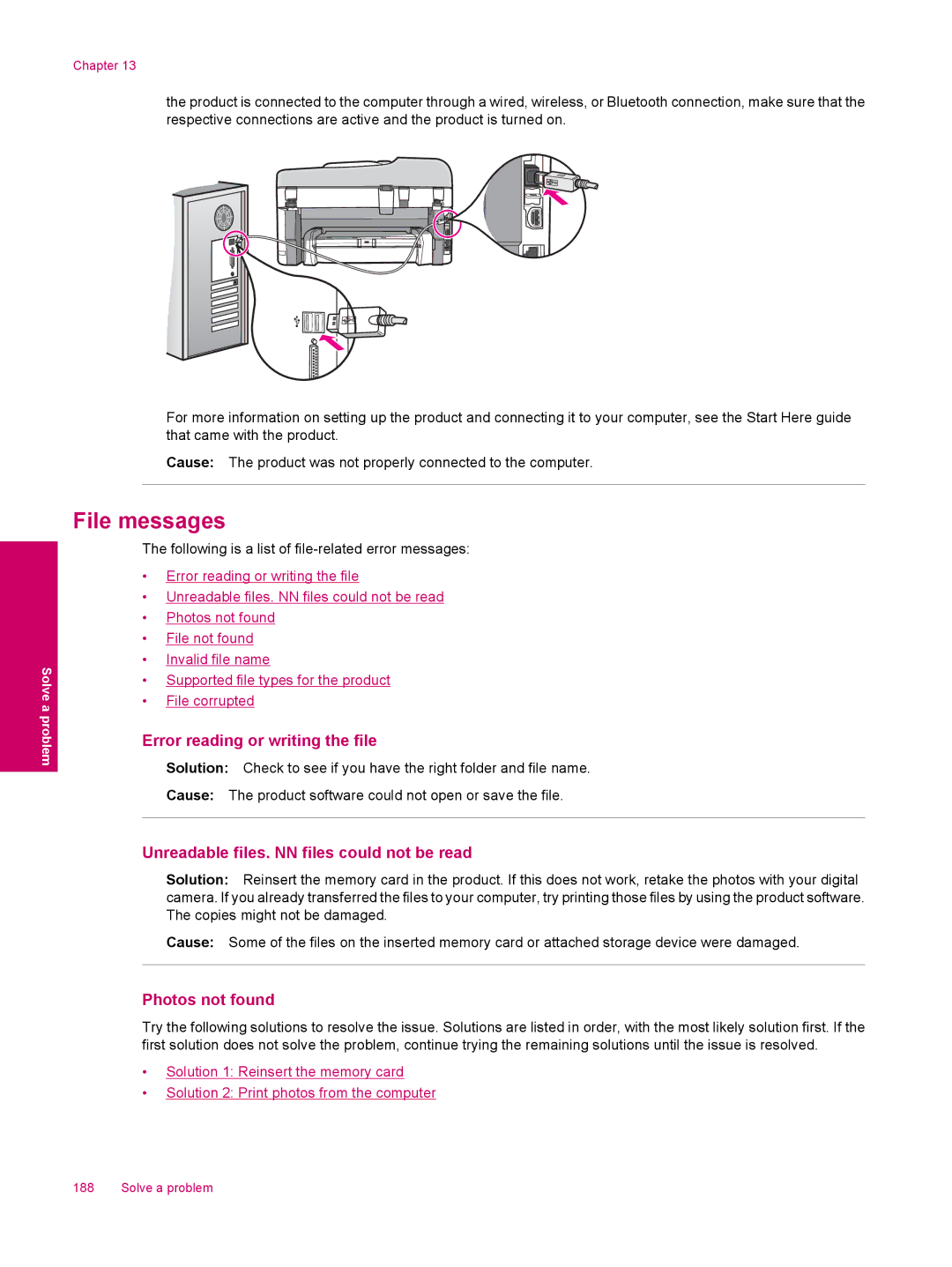 HP C309a File messages, Error reading or writing the file, Unreadable files. NN files could not be read, Photos not found 