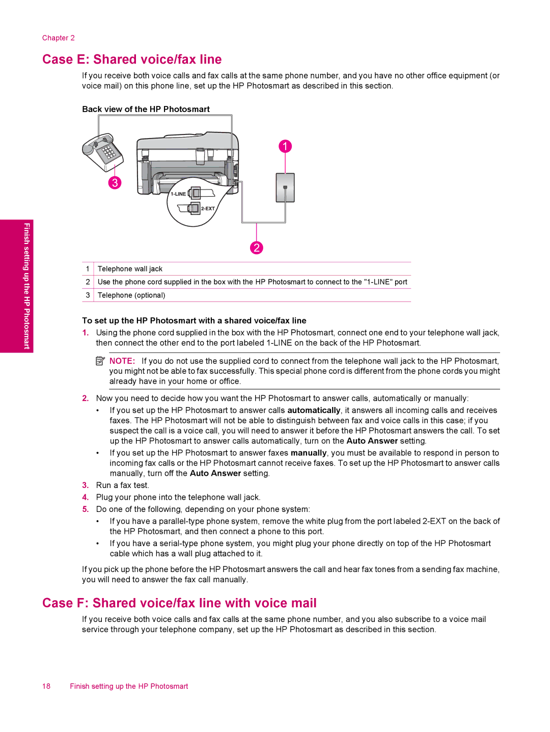 HP C309a manual Case E Shared voice/fax line, Case F Shared voice/fax line with voice mail 