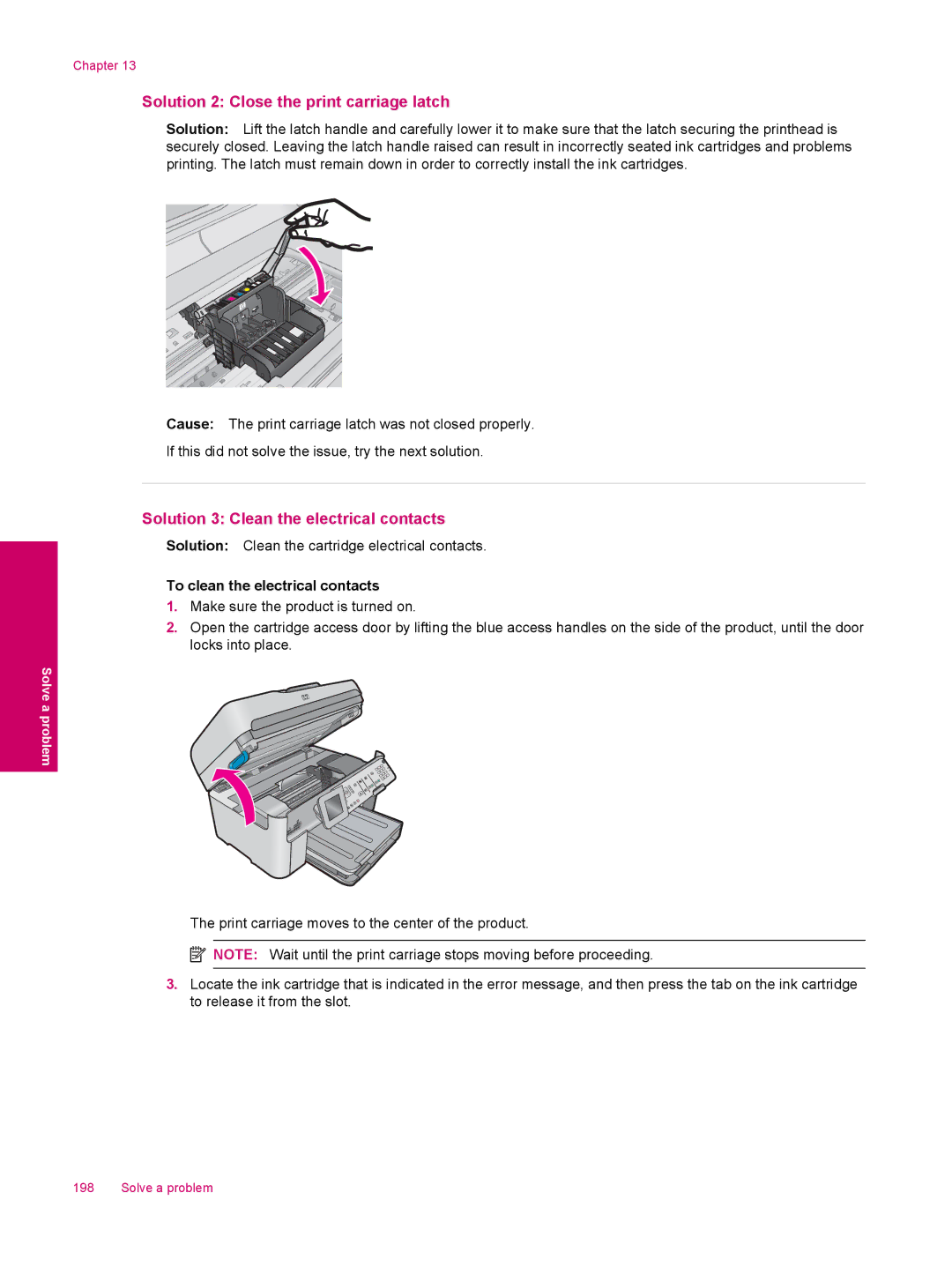 HP C309a manual Solution 2 Close the print carriage latch, Solution 3 Clean the electrical contacts 