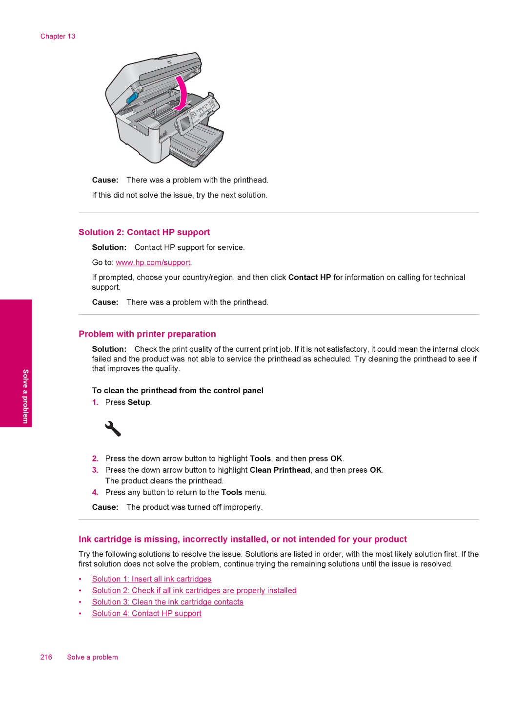 HP C309a manual Solution 2 Contact HP support, Problem with printer preparation 