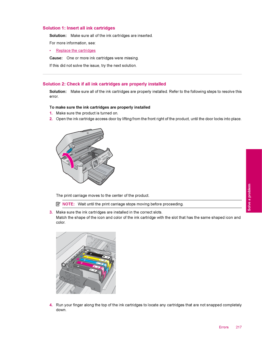 HP C309a manual Solution 1 Insert all ink cartridges, Make sure the product is turned on 