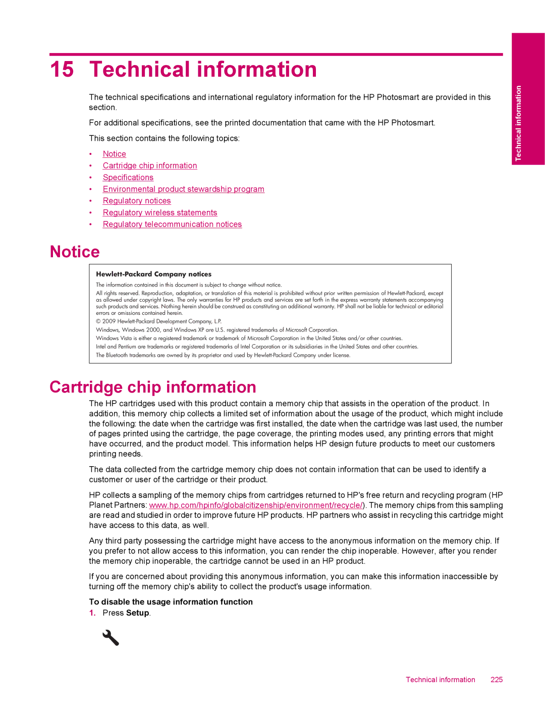 HP C309a manual Technical information, Cartridge chip information, To disable the usage information function 