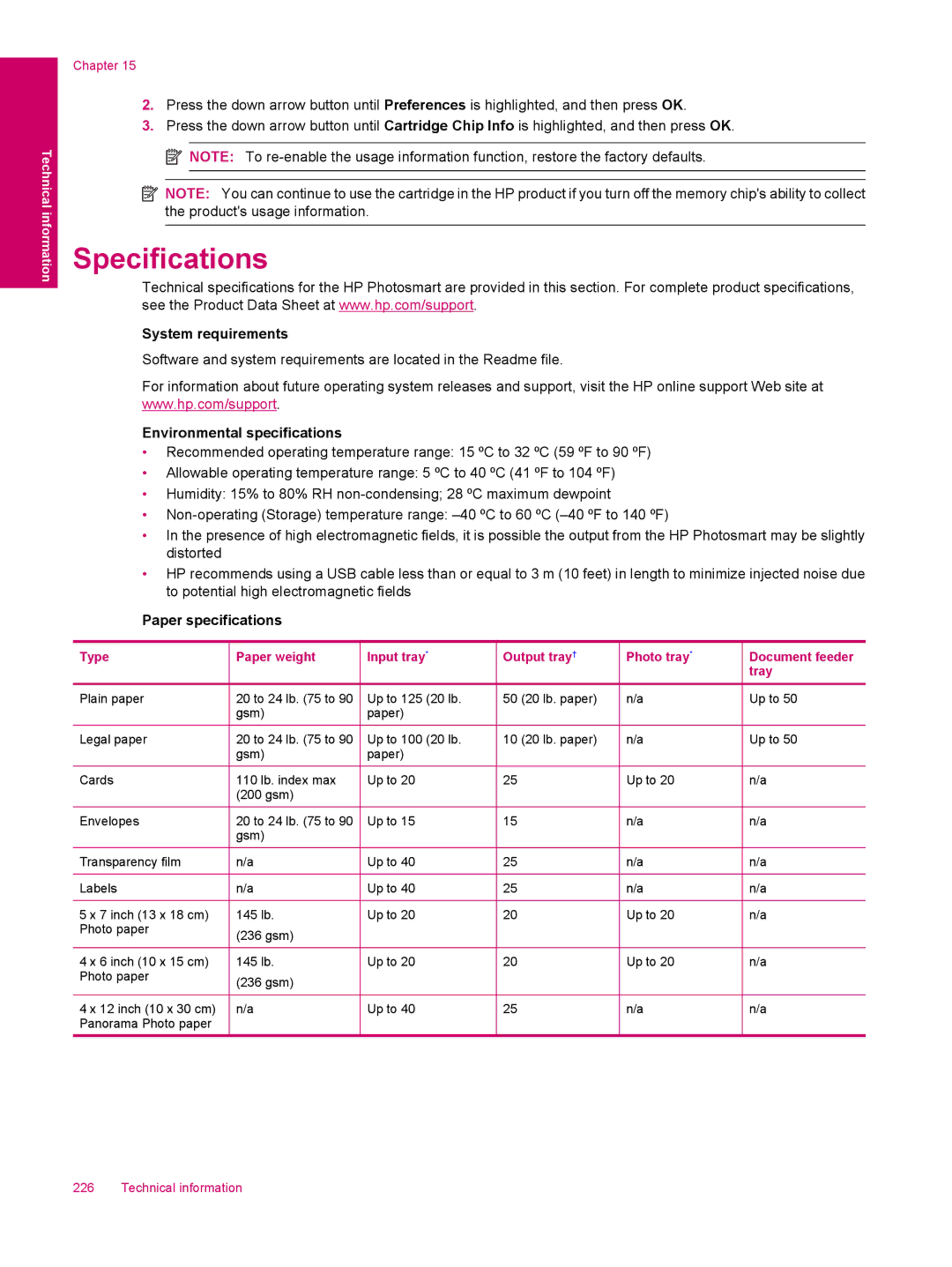 HP C309a manual Specifications, System requirements, Environmental specifications, Paper specifications 