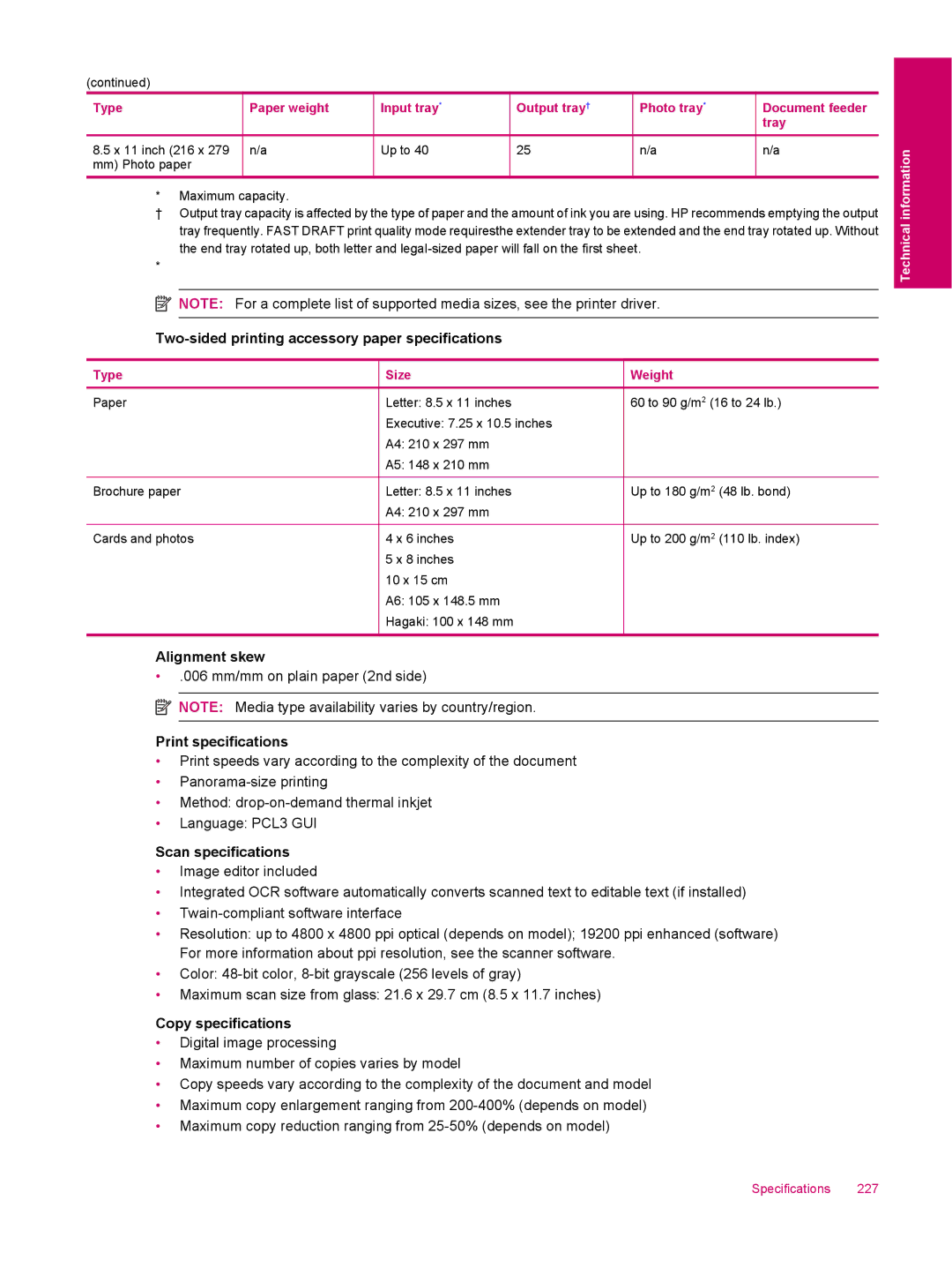 HP C309a Two-sided printing accessory paper specifications, Alignment skew, Print specifications, Scan specifications 