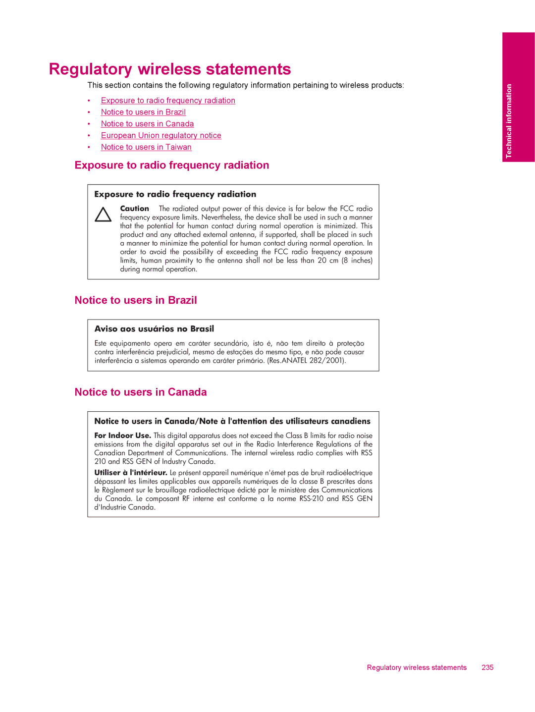 HP C309a manual Regulatory wireless statements, Exposure to radio frequency radiation 