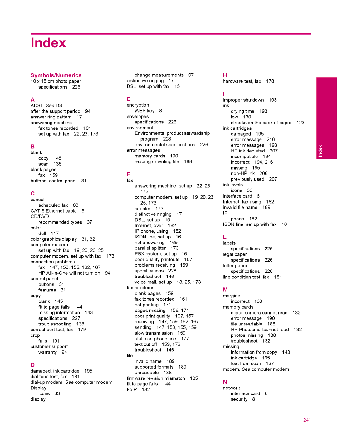 HP C309a manual Index, Symbols/Numerics 