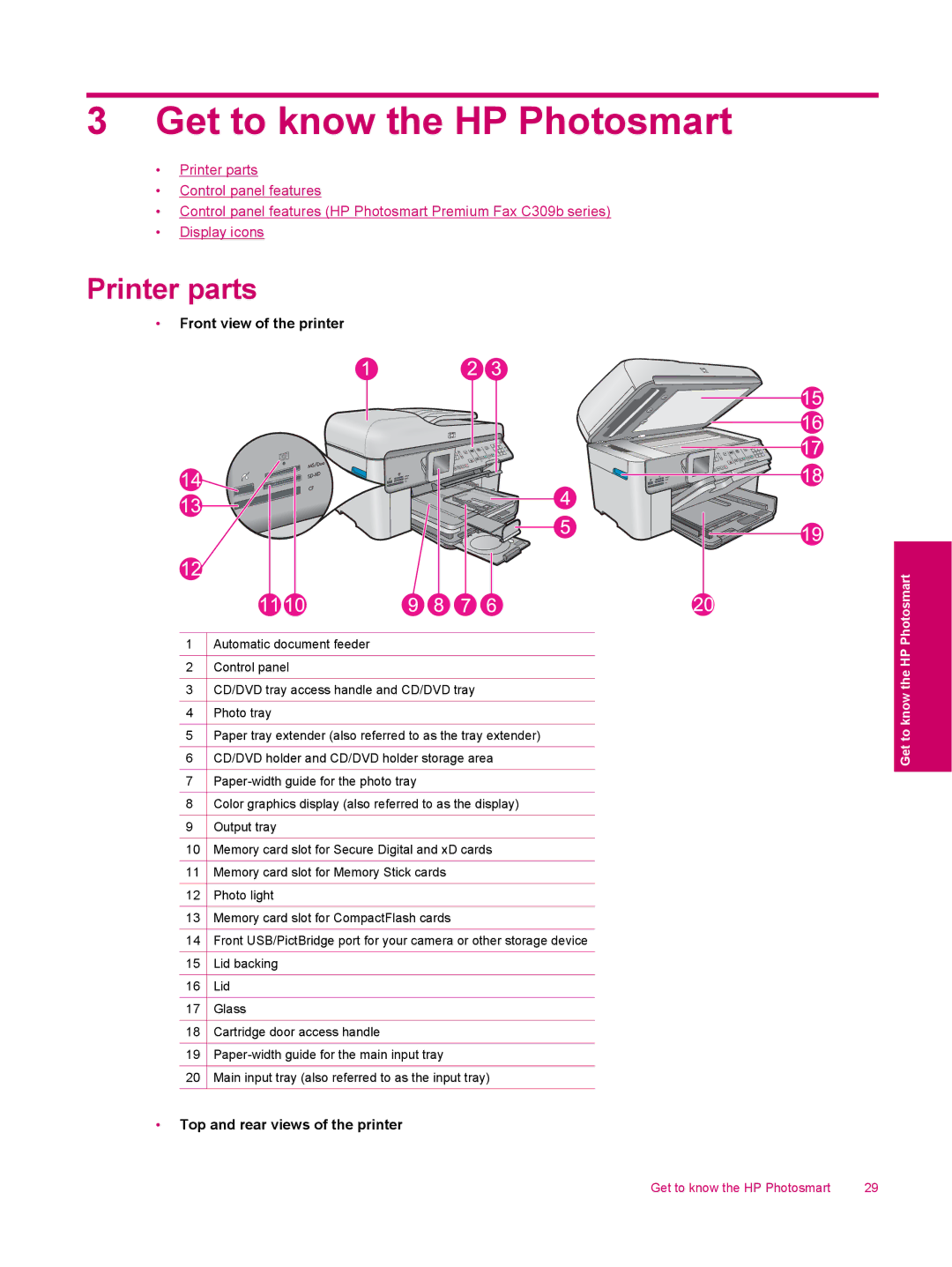 HP C309a manual Get to know the HP Photosmart, Printer parts, Front view of the printer, Top and rear views of the printer 