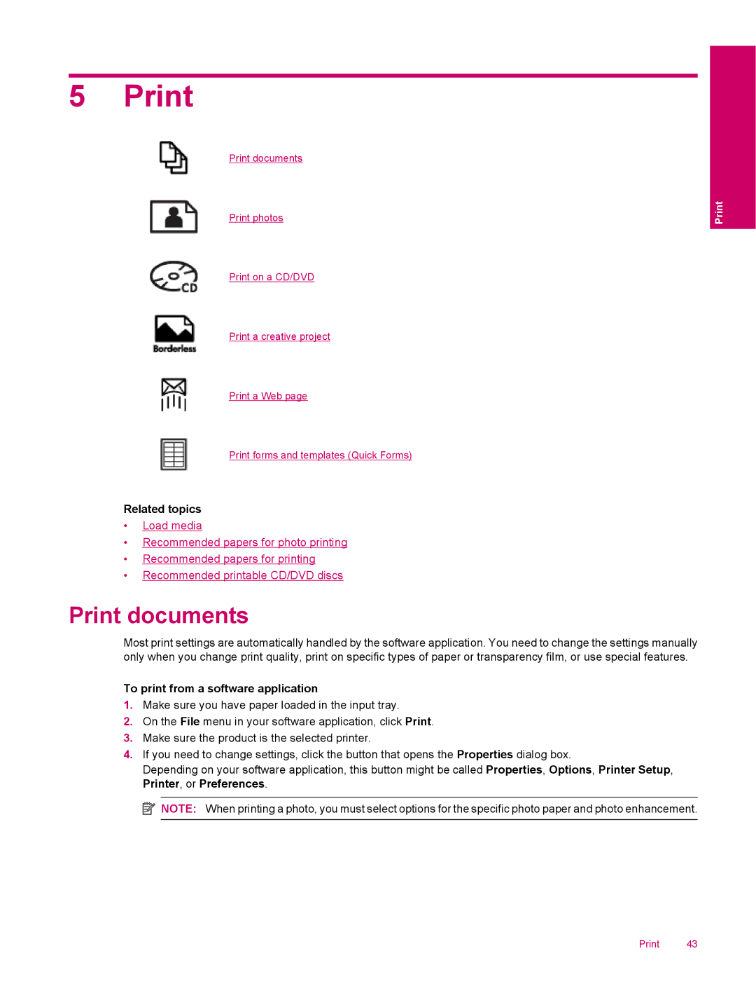 HP C309a manual Print documents, To print from a software application 