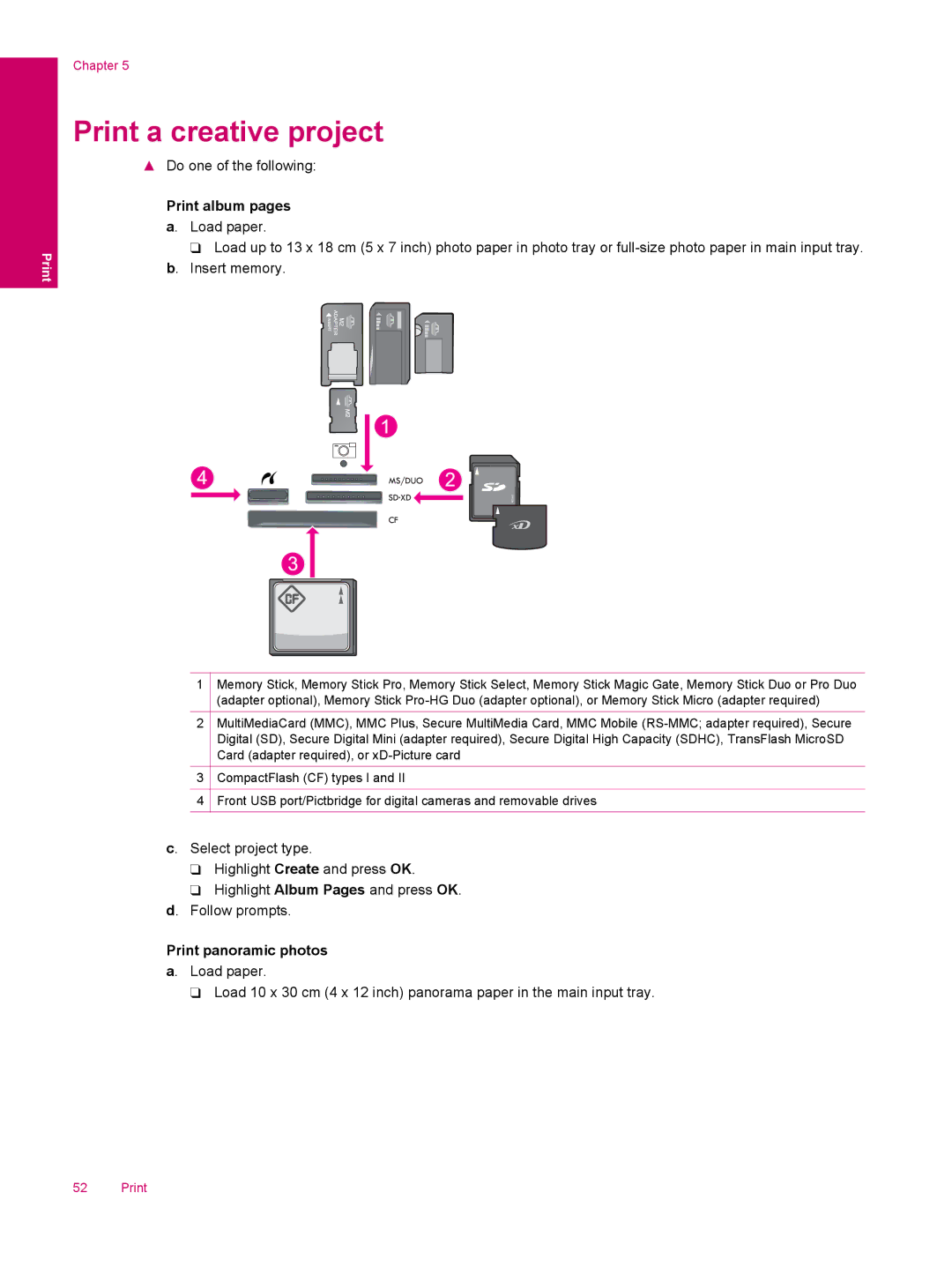 HP C309a manual Print a creative project, Print album pages a. Load paper, Print panoramic photos a. Load paper 