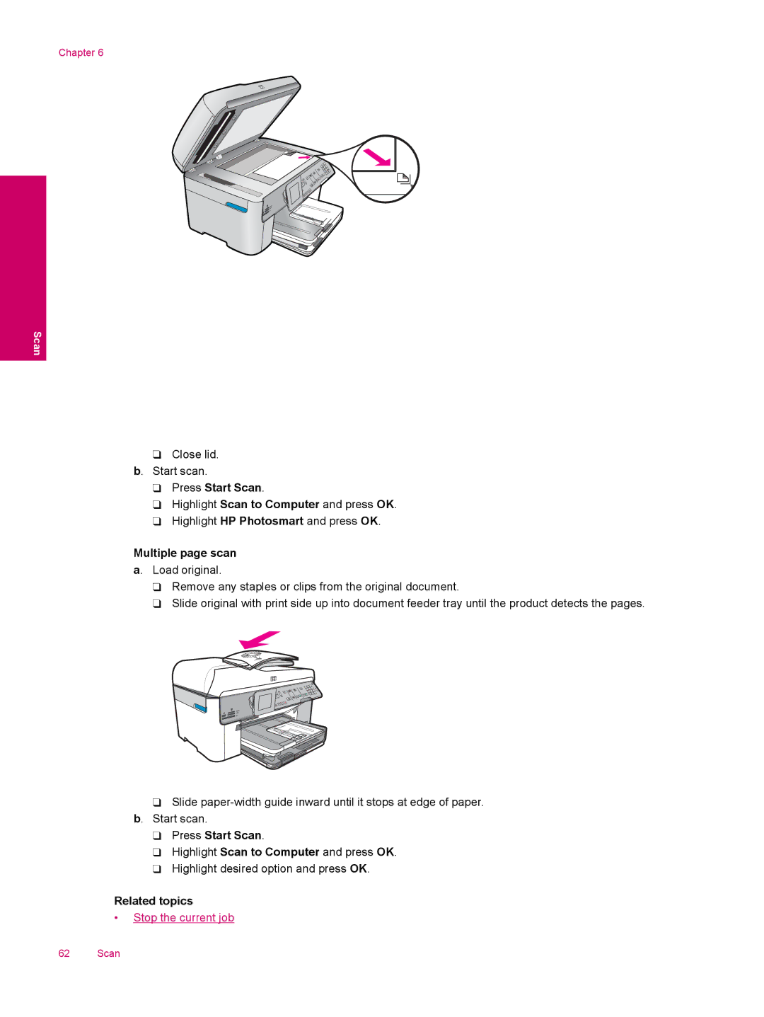 HP C309a manual Press Start Scan, Multiple page scan a. Load original 