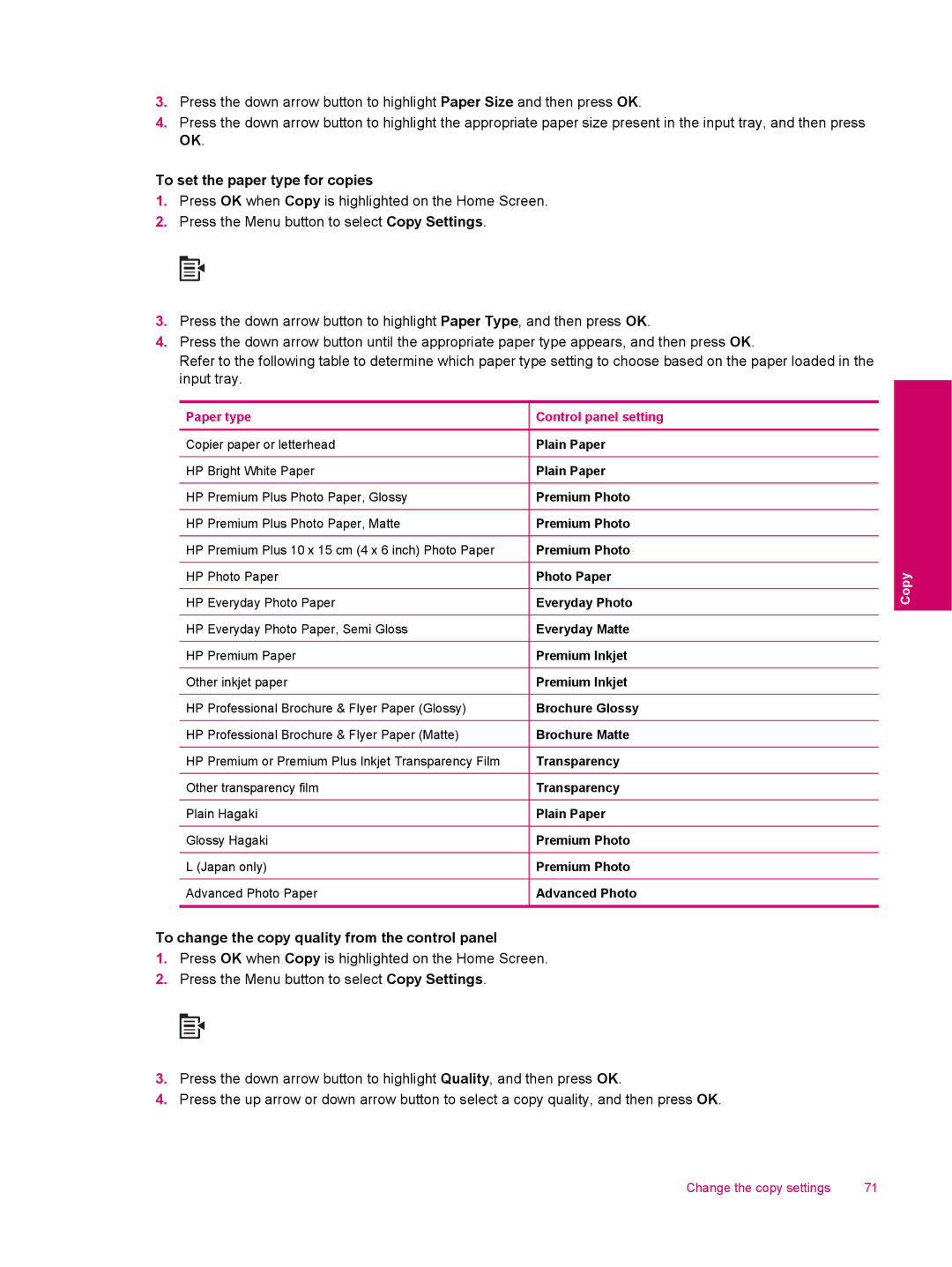 HP C309a manual To set the paper type for copies, To change the copy quality from the control panel 