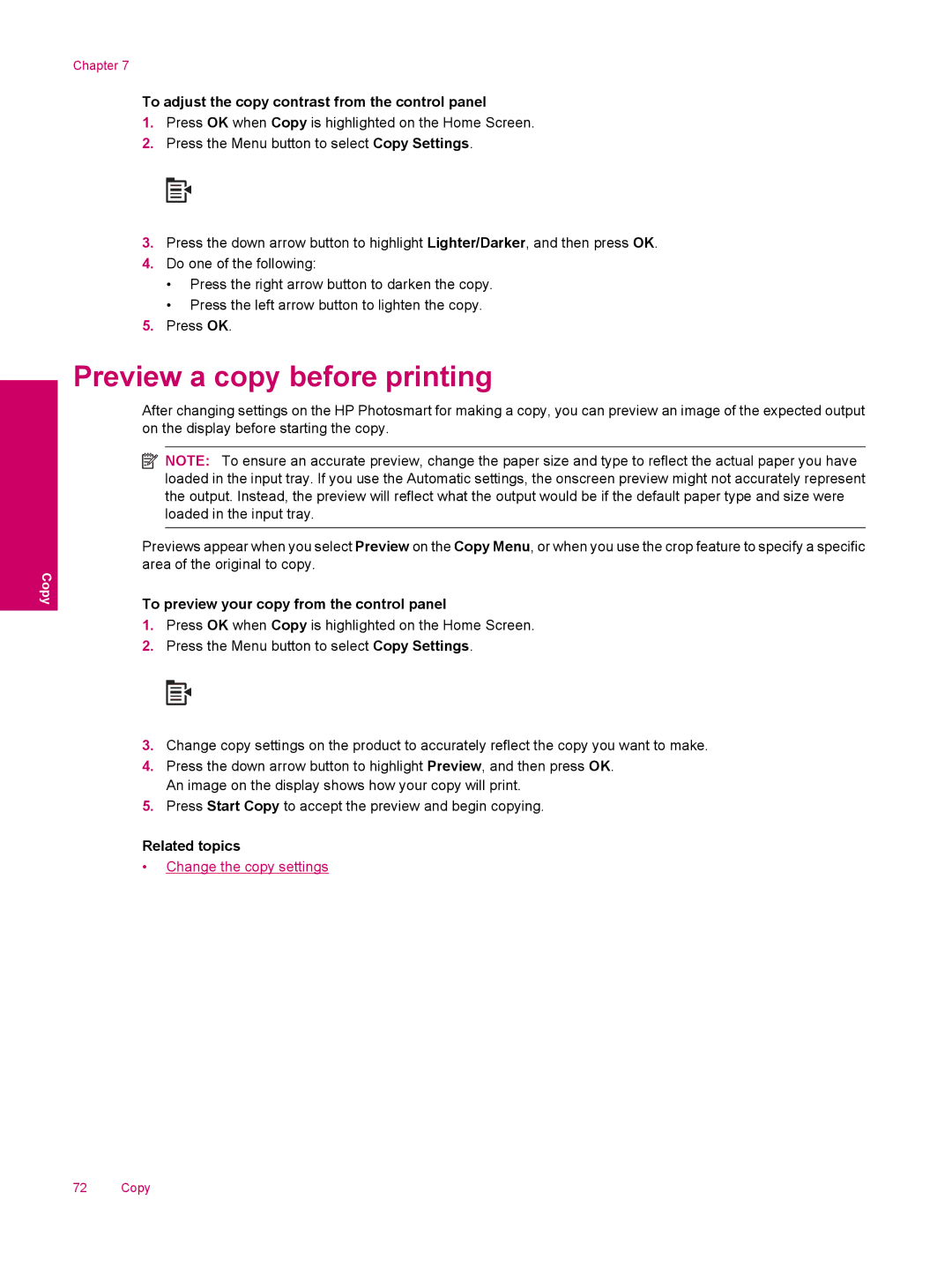 HP C309a manual Preview a copy before printing, To adjust the copy contrast from the control panel 