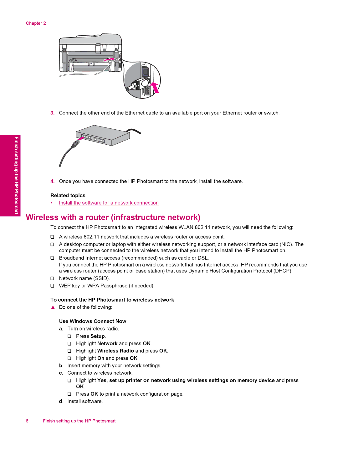 HP C309a Wireless with a router infrastructure network, Related topics, To connect the HP Photosmart to wireless network 