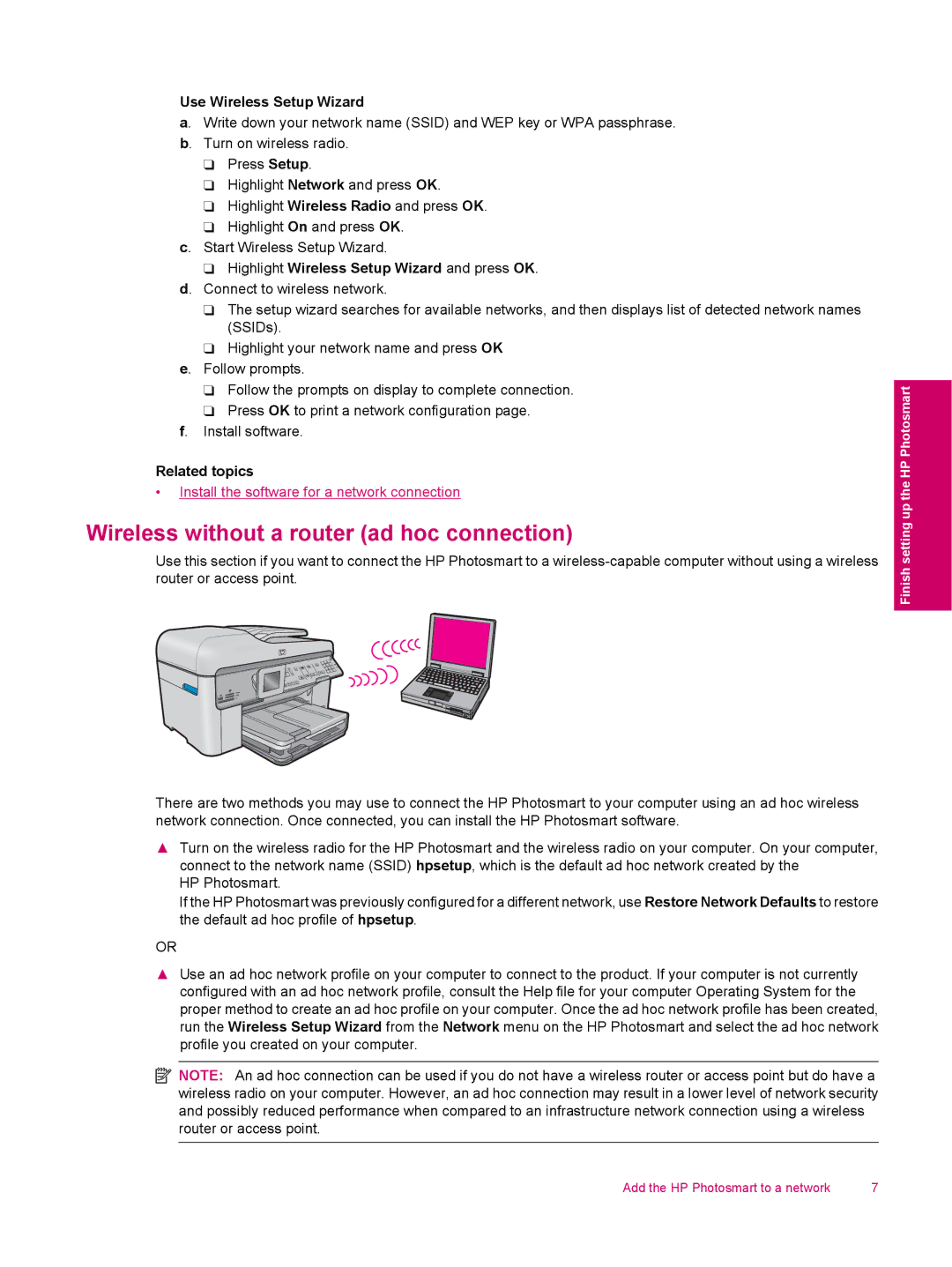 HP C309a manual Wireless without a router ad hoc connection, Use Wireless Setup Wizard 