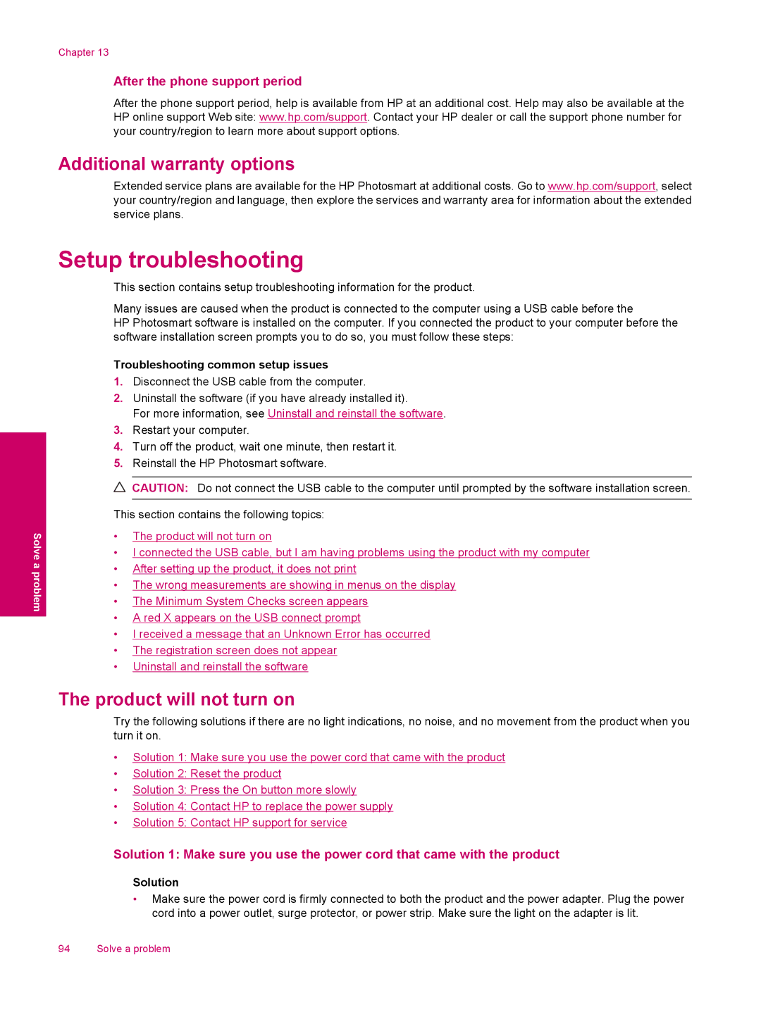 HP C309a Setup troubleshooting, Additional warranty options, Product will not turn on, After the phone support period 