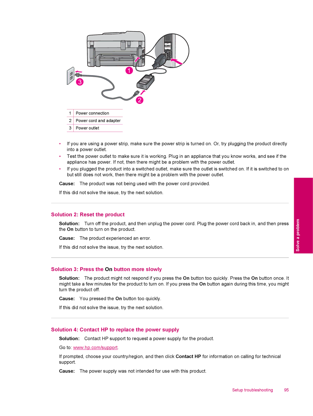 HP C309a manual Solution 2 Reset the product, Solution 3 Press the On button more slowly 