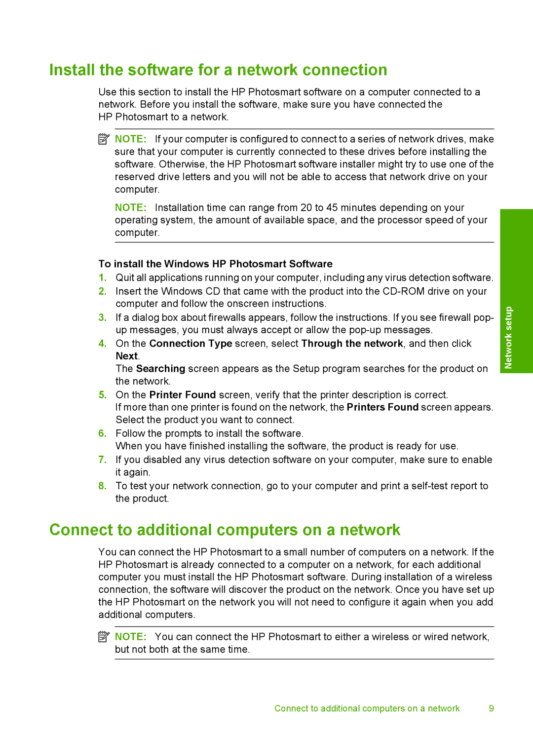 HP C309a manual Install the software for a network connection, Connect to additional computers on a network 