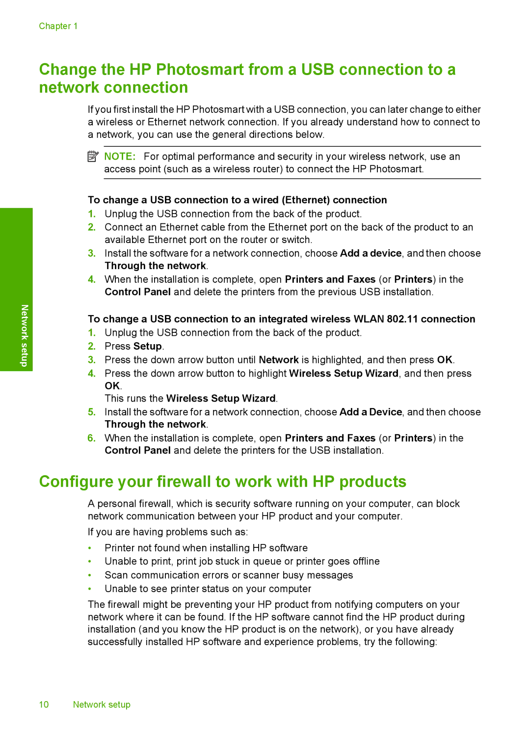 HP C309a manual Configure your firewall to work with HP products, To change a USB connection to a wired Ethernet connection 